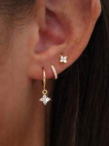 6pcs Fashionable Copper Zirconia Gold Tone Earrings Set, Mixed Design Earrings Studs Hoops Pendants, Versatile Gift For Women, Birthday, Vacation, Party, Daily Wear, New Year, Valentine's Day - Gold - View 4