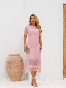 Casual Short Sleeve Midi Dress With Fringe Knit - Baby Pink - View 1