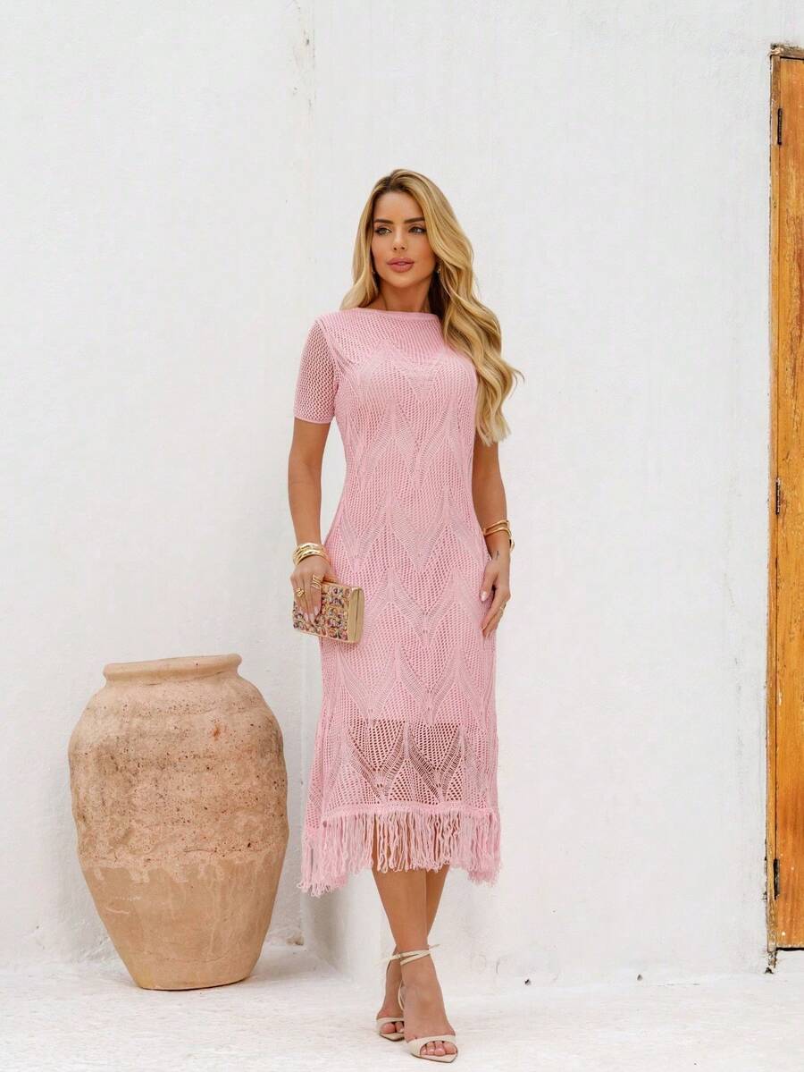Casual Short Sleeve Midi Dress With Fringe Knit - Baby Pink - View 1