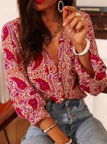 Corset Style Paisley Print Long Sleeve Casual Shirt For Women