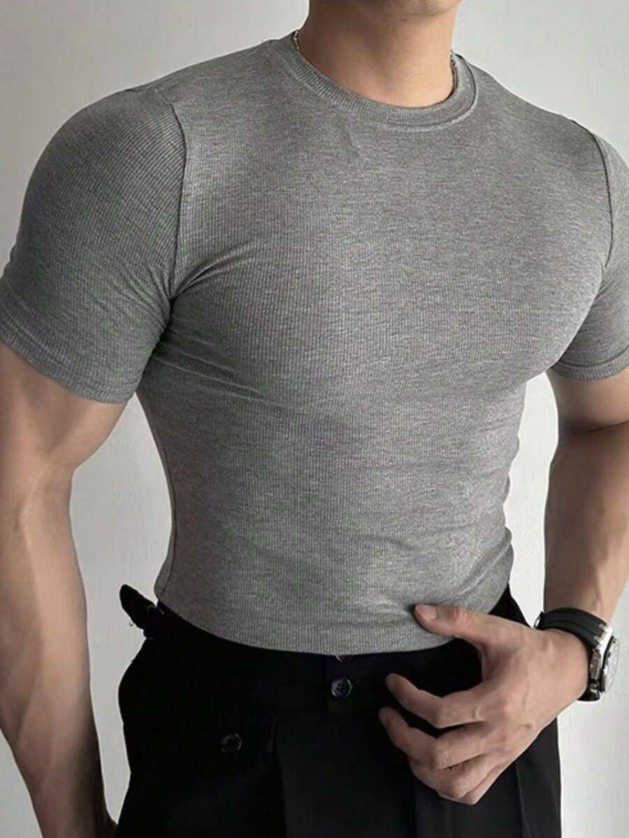 Men's Ribbed American Style T-Shirt..SLIM FIT MODEL - 灰色 - 查看 1