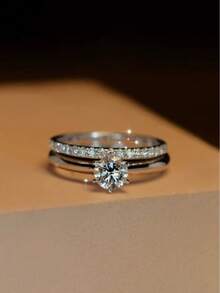 Pair Of 3mm Beveled Wedding Rings, 18k Gold Plated, 925 Silver Solitaire - Plateado - Ver 2