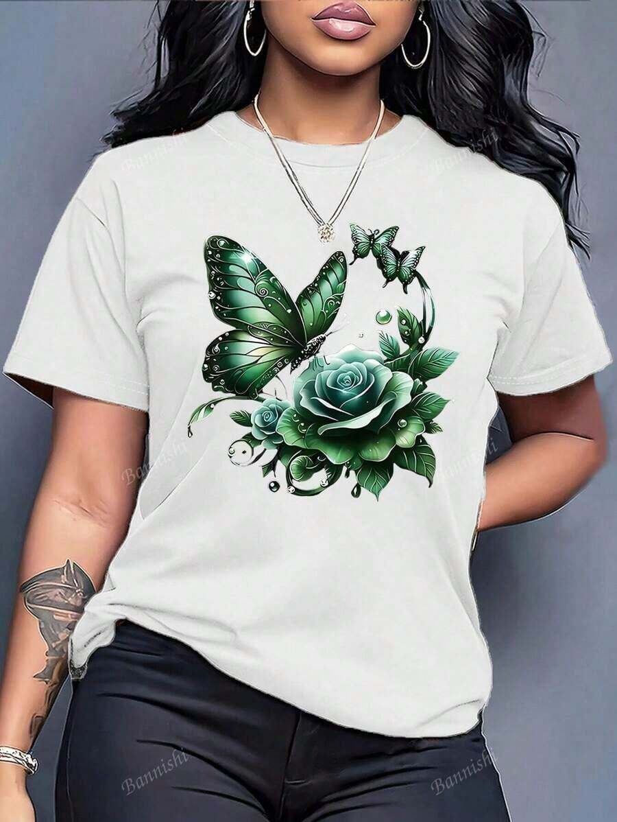 Women'S Casual Crew Neck T-Shirt With Purple Rose And Butterfly Graphic Print,Ideal Birthday Or Holiday Gift, White And Navy The-Shoulder Cropped Top - 白色 - 查看 1