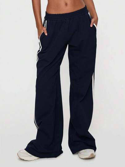 Jesienne ubrania damskie na powrót do szkoły Y2k Jesienne ubrania damskie Czarny pasek z boku Luźne, swobodne, uniwersalne, dziergane spodnie sportowe, jesienne stroje damskie, spodnie sportowe