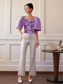 Áo dự tiệc vải đặc biệt thêu thanh lịch dành cho nữ, Áo crop top mùa hè dành cho nữ, Áo công sở thường ngày, Áo tay bồng, đi nghỉ - Màu tím - Xem 3