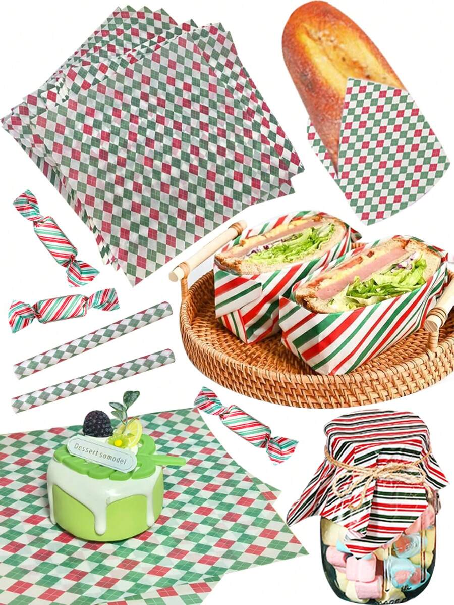 100 pezzi di fogli di carta cerata a quadri/righe rossi e verdi, antigrasso, adatti per panini, ideali per feste di Natale, vacanze, picnic, panini, dolci, essenziali per picnic, decorazioni natalizie, pigiami natalizi, regali di Natale, decorazioni natalizie
