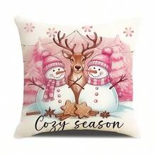 4pcs Christmas Theme Pillow Covers, Pink Letter Print Snowman & Reindeer Pattern, Farmhouse Style Polyester Fabric Zippered Single-Sided Print Cushion Covers, Pillow Inserts Not Included, Winter, Christmas Holiday Home Decor, Suitable For Sofa, Bed, Chair, Bedroom, Living Room, Patio Decoration