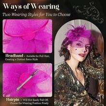 Fascinators Hats Women Tea Party Hat Mesh Headband Vintage Lace Cocktail Headwear Hair Clip Church - 玫紅色 - 查看 3