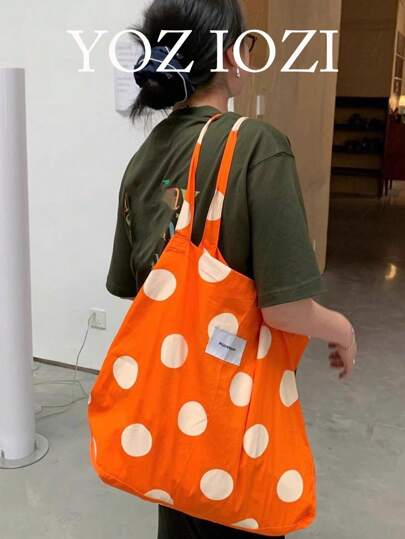 返校假期休闲波尔卡圆点帆布可折叠单肩托特包，印花布包，百搭时尚单肩购物袋
