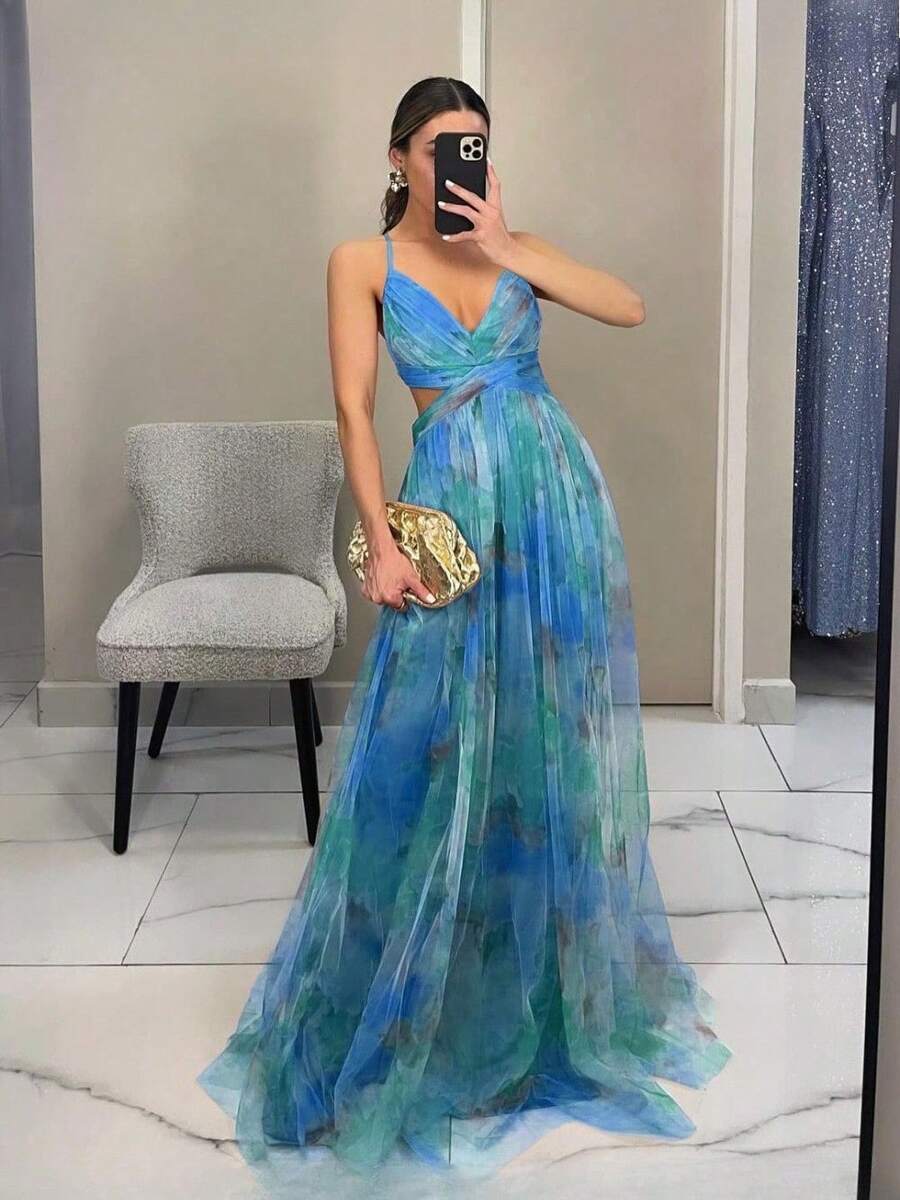 Women's Long Dress With Net Fabric And Printed Pattern, Featuring A Bandeau Style, New Spring/Summer Style, Suitable For Beach Vacations And Casual Gatherings - 1 - 查看 1