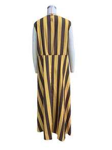 优雅休闲度假女士条纹小圆领双口袋长款连衣裙