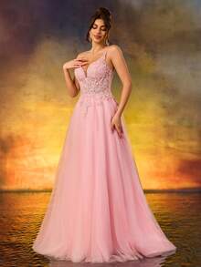 A Line Sweetheart Neck Applique Evening Prom Dress Spaghetti Tulle Lace Up Party Dress - Pink - View 7