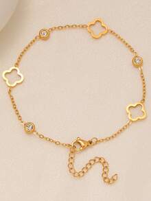 Juego de pulseras de mujer de acero inoxidable con trébol y circonita incrustada, adecuado para uso diario, superposición, citas de pareja, combinación para múltiples ocasiones y como regalo - Amarillo Oro - Ver 5