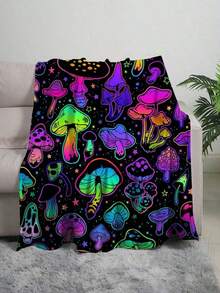 1pc Colorful Mushroom & Pumpkin Pattern Super Soft 280gsm Flannel Blanket, Suitable For Living Room & Bedroom Decor, Perfect Gift For Family - 彩色 - 查看 3