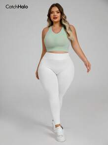 Catch Halo High Impact 4-Way Stretch Plus Size Sport Bra For Women - Scoop Neck & Built In Bra & Twist Back & Wide Shoulder Straps Workout Bra Curve | Slimming Figure Contour High Support Cropped Cami Top | Quick Dry Zero Bounce Workout Bra For Yoga, Pilate, Running, Gym, Cycling (Mint Green, 0XL~3XL)
