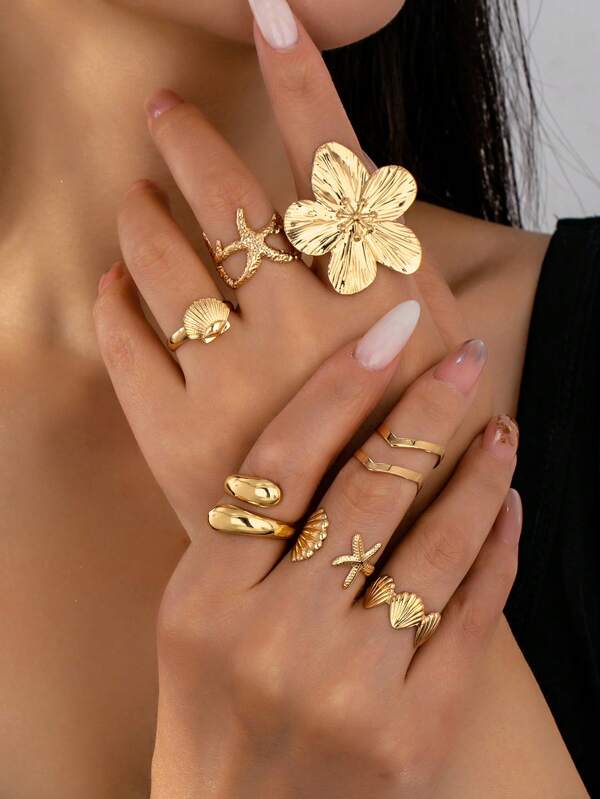 7pcs Bohemian Vintage Geometric Design Rings Set, Summer Ocean Elements Starfish, Shell, Waterdrop, Flower Shaped Rings For Women, Suitable For Daily Wear, Vacation, Beach, Bikini