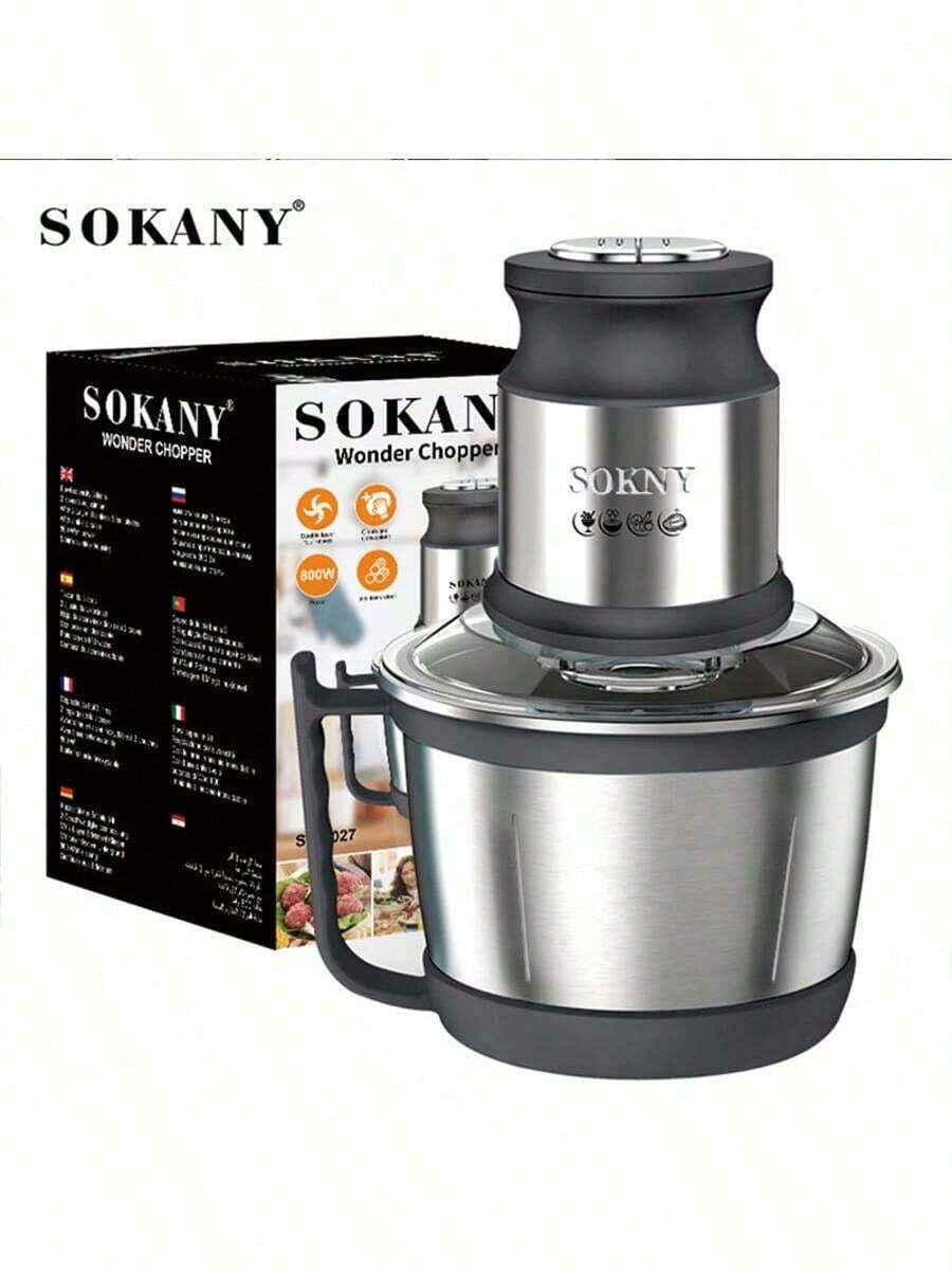 SOKANY 7027 多功能电动绞肉机，3L 大容量，双层四刀片，2 档速度设置，800W 大功率，不锈钢材质，适用于家庭和餐厅，可用作食品搅拌机、绞肉机、压蒜器、蔬菜切丝器、洋葱切片器，也可用于加工生姜、辣椒、水果和肉类。 - 查看 1