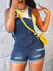Women Ripped Solid Color Slim-Fit Jeans Rompers Casual Buttons Trim Denim Overall Pockets Sleeveless Summer Clothing - Màu xanh lam - Xem 6