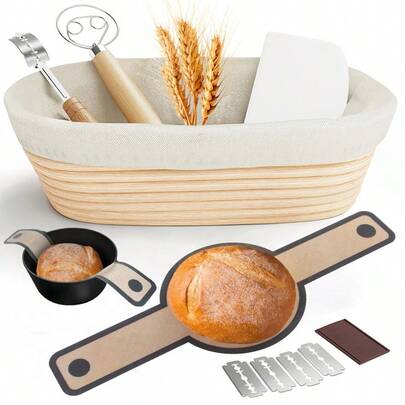 Sourdough Starter Kit, Sourdough Bread Baking Supplies, 10"Oval Rattan Banneton Bread Proofing Baskets Set, Bread Baking Tools,Silicone Bread Sling,Danish Dough Whisk, Bread Lame, Dough Scraper