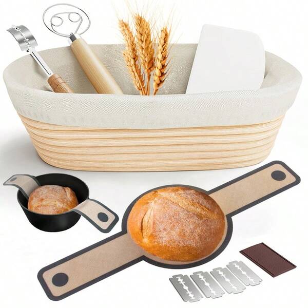 Sourdough Starter Kit, Sourdough Bread Baking Supplies, 10"Oval Rattan Banneton Bread Proofing Baskets Set, Bread Baking Tools,Silicone Bread Sling,Danish Dough Whisk, Bread Lame, Dough Scraper