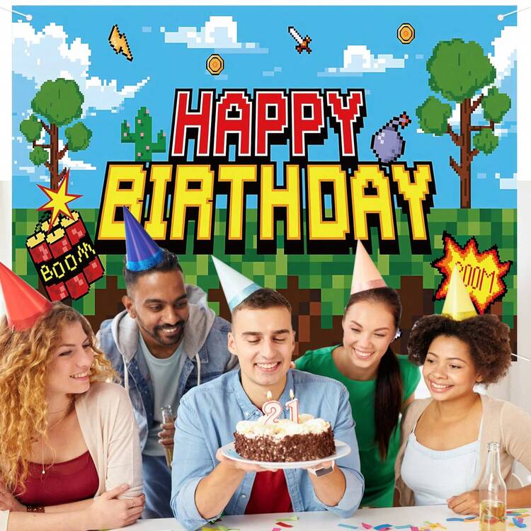 像素生日派对装饰采矿视频游戏背景矿工主题摄影背景横幅用于矿山生日派对装饰用品回礼 - 彩色 - 查看 4