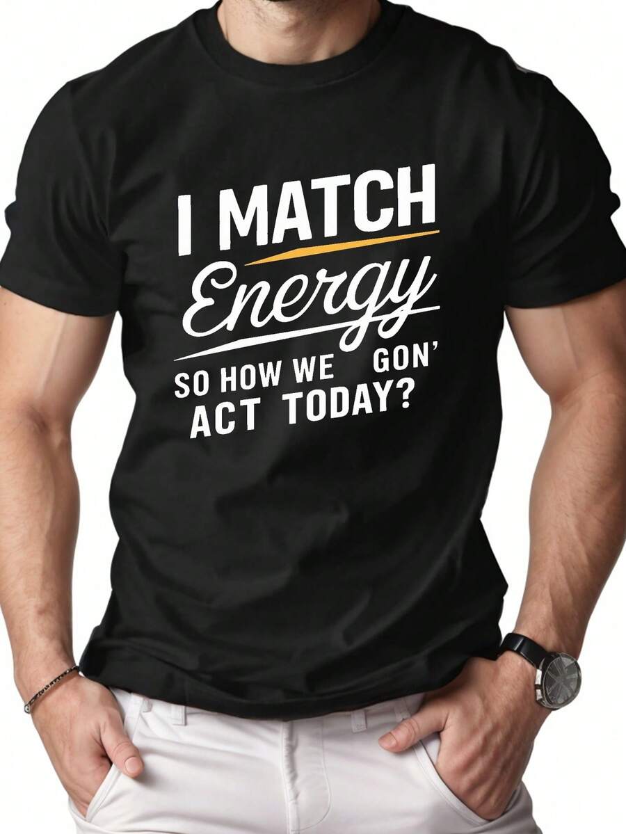 Camiseta de hombre I MATCH Energy 100% algodón de corte cómodo - Camiseta de verano suave y transpirable con estampado gráfico y geométrico llamativo "I MATCH Energy", cuello redondo clásico, manga corta, estilo casual para atuendos informales, camiseta de corte relajado. - Negro - Ver 1