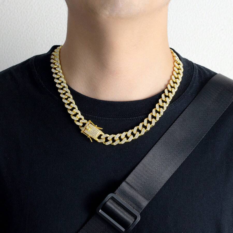 1Pc Exaggeration Hip Hop Alloy Cuban Chain Necklace Artificial Crystal Women Men Jewelry Birthday Present