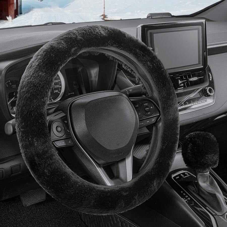 1pc Furry Car Steering Wheel Cover With Fluffy Gear Shift Cover Soft Warm Non-Slip Car Decoration For Men