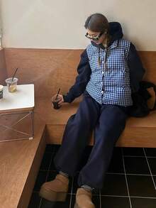 Women's Korean/Japanese Style Casual Blue Plaid Vest, Layered Outerwear, Sleeveless, Loose Cotton Jacket, Autumn/Winter