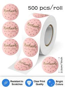 500 Stück/Rolle rosa Folie handgemachte Etiketten, 1 Zoll runde "Handgemacht mit Liebe" Aufkleber, geeignet für kleine Unternehmen Backen, Getränke, Bouquet Geschenkverpackung DIY Dekoration, PVC Aufkleber