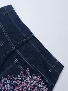 Fashionable Cherry Blossom Embroidered Vintage Wide Leg Loose Fit Jeans - Dark Wash - View 8