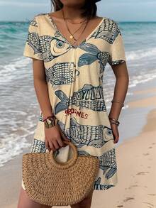 Trang phục nghỉ dưỡng mùa xuân/hè dành cho nữ, phong cách boho thời trang, thoải mái. Đầm nghỉ dưỡng dáng rộng, tối giản, in họa tiết cá ngẫu nhiên. Đầm mùa hè phong cách boho in hình cá nhiều màu sắc, phối màu tương phản, chữ cái Latinh và chữ cái Anh, kiểu dáng thanh lịch cho kỳ nghỉ. - Nhiều màu - Xem 2