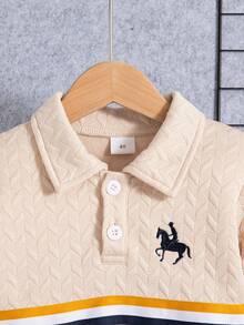 两件套男童休闲刺绣设计修身半拉链长袖卫衣裤套装，保暖连帽衫和长裤，秋冬季 - 杏色 - 查看 3