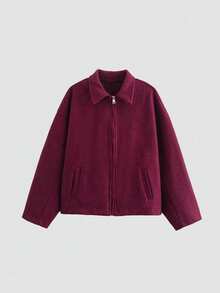 Women's Fashion Minimalist Versatile Commuting Zipper Wool Coat - Red Violet - View 3