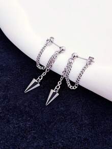 1对不锈钢锥形吊坠朋克耳环，带链子，低过敏性 - 銀色 - 查看 5
