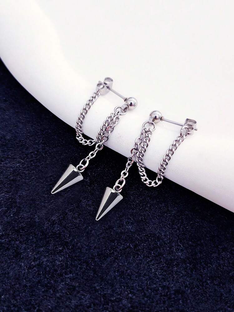 1对不锈钢锥形吊坠朋克耳环，带链子，低过敏性 - 銀色 - 查看 5