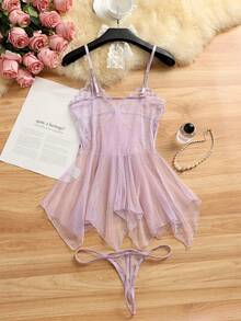 两件套性感薄纱睡衣套装，妩媚可爱，女士适用 - 粉色 - 查看 4