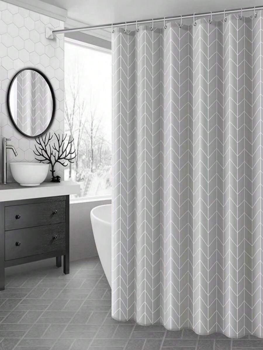 1pc Grey Checkered Bath Curtain, Twill Curtain, High-Quality Peva Curtain, Suitable For Bathroom, Toilet, Dormitory Partition, Metal Buttonholes With Plastic Hooks, Christmas Gift Bathroom Decor