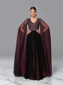 DELLA COUTURE Women's Summer Party Royal Mesh Long-Sleeved Ball Gown Beaded And Appliques Embellished Elegant Fitted Gorgeous Floor-Length Style Ideal For Parties Balls And Other Formal Occasions Long Cocktail Dress Wedding Guest - Black - View 1