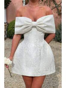 Summer Sweet Slim Jacquard Chest Tie Bow Jumpsuit Short Skirt One-Shoulder - White - View 2
