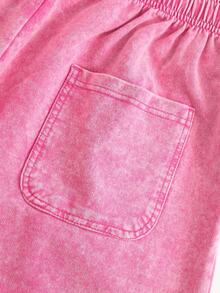 Men's Graphic Washed Shorts, Vintage Letter Print Casual Cotton Drawstring Shorts - Màu Hồng Tươi - Xem 4