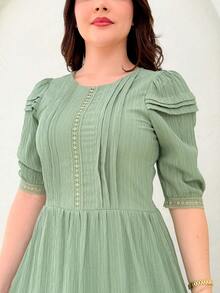 Women's Short Sleeve Dress With Ruched Hem, Peasant Casual, Guipure Detail, Modest, Well-Behaved, Must-Have, Ideal, Modern - Mint Green - View 4