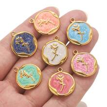 5 Stück 304 Edelstahl 18 Karat vergoldete Emaille Öltropfen Rose Tulpe runde asymmetrische Anhänger Charms, Alltagsschmuck Frauengeschenk DIY Schmuckzubehör Anhänger Charms Valentinstag - Anhänger - Übersicht 3