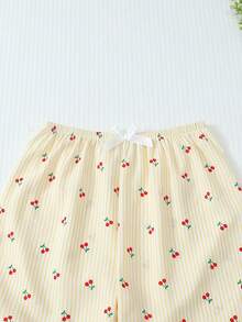 2pcs Women Comfortable Yellow & White Striped Cherry Print Pajama Set, Long Sleeve Button Collar Top And Pants, Casual Sleepwear For Home Use, Autumn/Winter, Fall Clothes