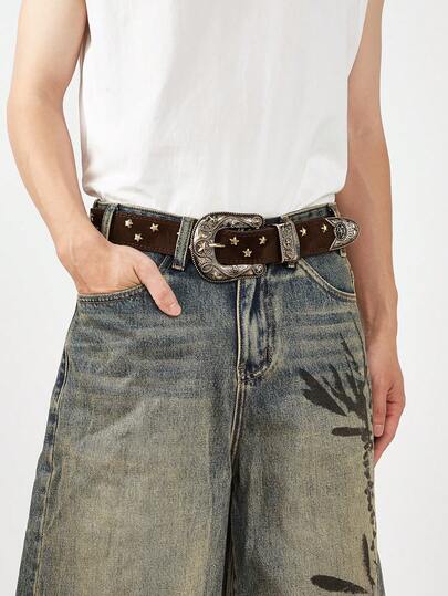 1条男士复古Y2K西部风格星形铆钉装饰腰带，百搭日常秋冬配饰，适合青少年、青年、男士，休闲、户外、运动、度假、毕业礼物、生日礼物、日常穿着