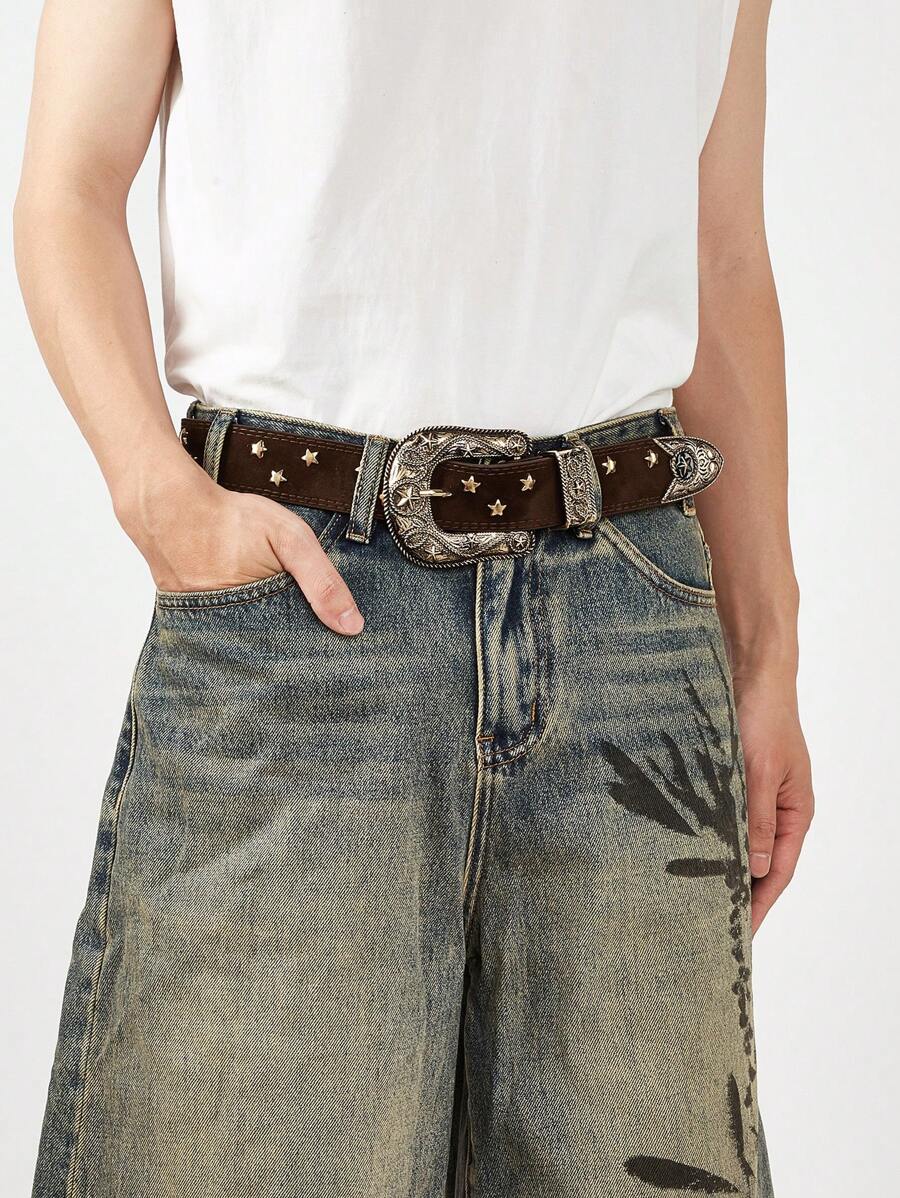 1条男士复古Y2K西部风格星形铆钉装饰腰带，百搭日常秋冬配饰，适合青少年、青年、男士，休闲、户外、运动、度假、毕业礼物、生日礼物、日常穿着 - 咖啡棕 - 查看 1