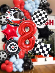 7 件/套赛车摩托车主题生日派对装饰气球，32 英寸红色 0-9 数字生日装饰气球，摩托车/赛车旗/轮胎/黑白形状铝箔气球，适用于生日派对装饰 - 彩色 - 查看 7