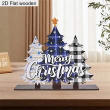 1 Piece Merry Christmas Blue Christmas Tree Wooden Ornament 2D Flat Christmas Decoration Sign Plaque Festival Party Desktop Centerpiece Decorations Christmas Day Home Decor Christmas Gifts For Family And Friends - Multicolor - View 1