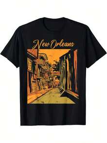 New Orleans Louisiana Souvenir Bourbon Street T-Shirt Cotton Fun Design DIY Men'S Soft Breathable Summer And Comfortable Casual Sports Easter And Father'S Day Gifts, PLUS SIZE, L-5XL - 黑色 - 查看 6