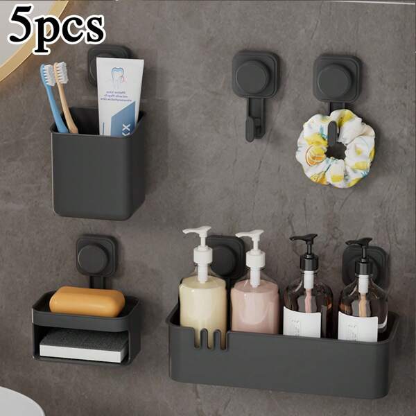 Heavy-Duty Vacuum Suction Cup Shower Caddy, Bathroom Shower Organizers, White Shower Shelves For Inside Shower With Soap Caddy And Toothbrush Holder, Vacuum Suction Cup Mounted (5pcs), Shelves